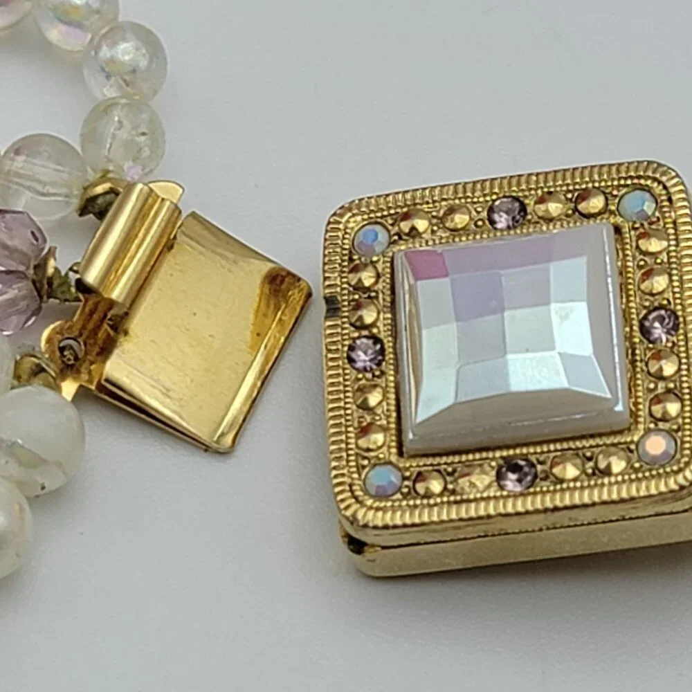 Vintage Faux Pearl Necklace White And Pink Multi Strand Gold Tone Box Clasp 17